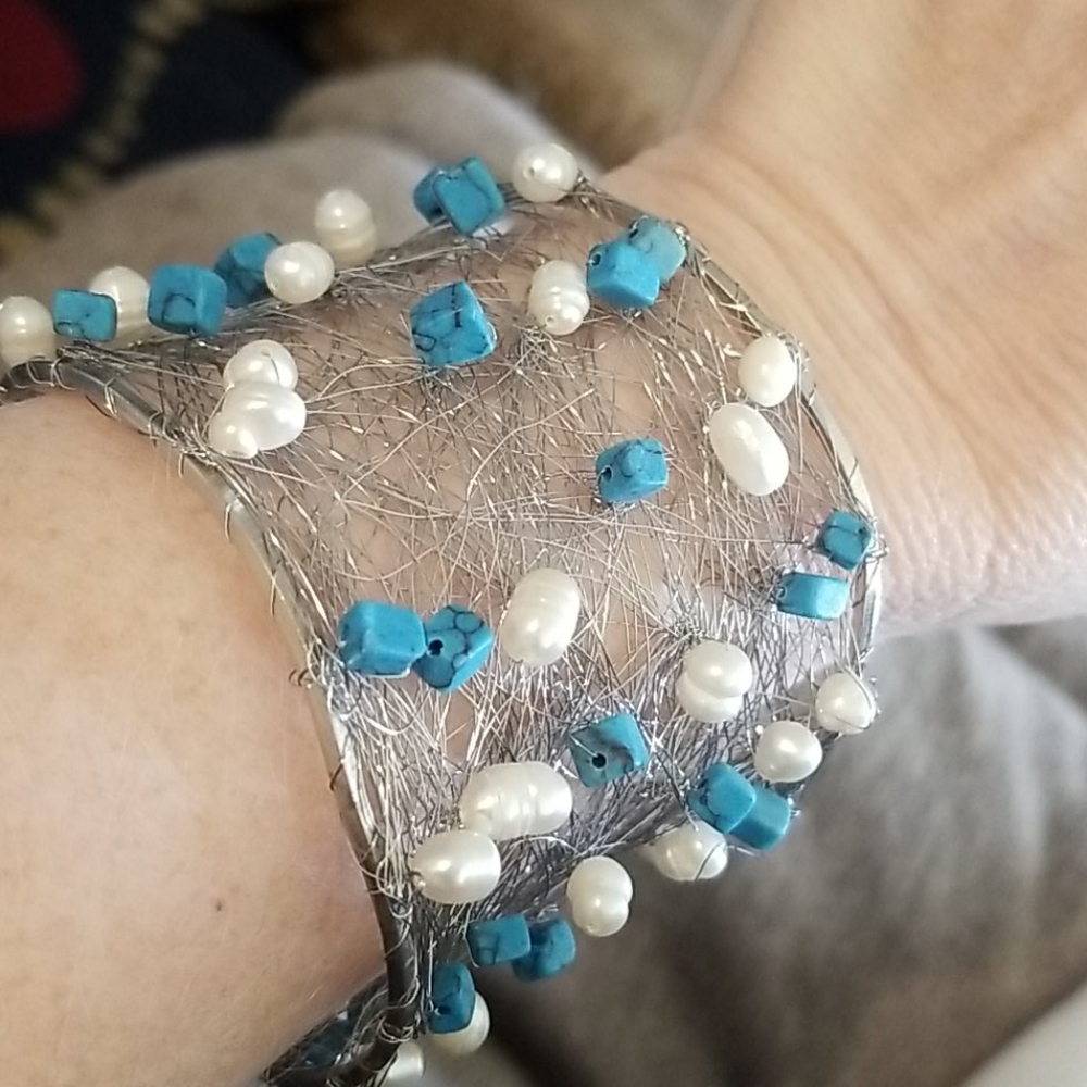 Nina Nguyen Wire Cuff Genuine Turquoise & Pearl. - Picture 8 of 10